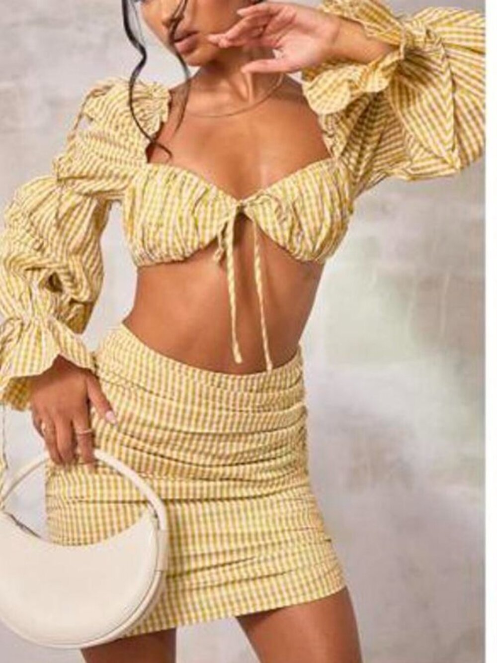 PrettyLittleThing Yellow Gingham Tie Shoulder Top US 6